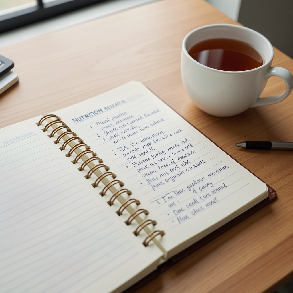 Open spiral-bound nutrition research notebook with handwritten meal planning notes beside a cup of tea on a desk