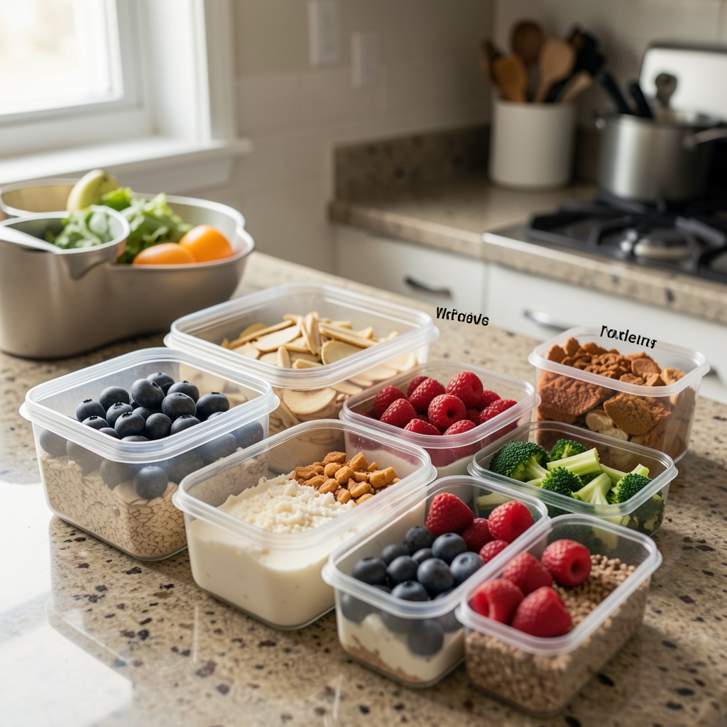 Close-up of a structured meal preparation layout with labelled containers of portion-controlled whole food ingredients on a kitchen counter