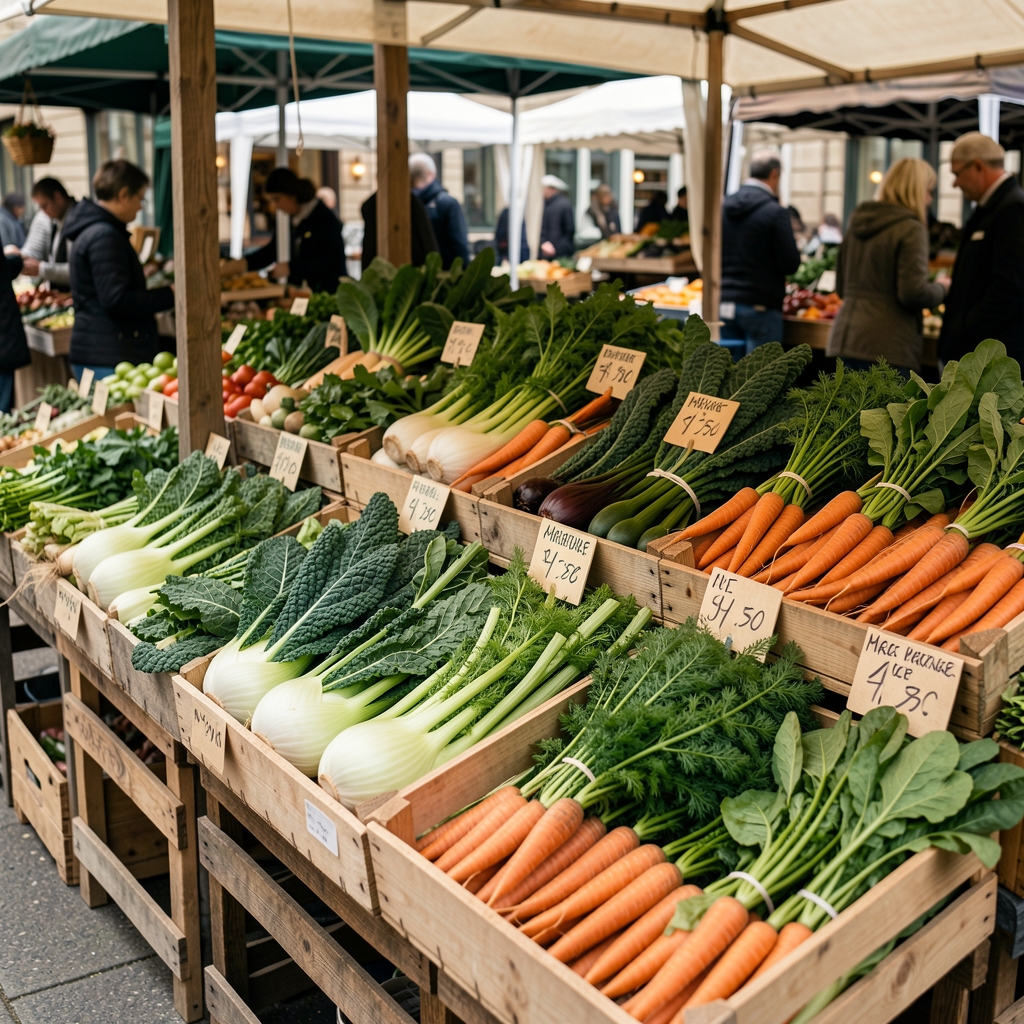 Seasonal market stall with rows of fresh vegetables including kale, fennel, and heritage carrots displayed in wooden crates with handwritten cost labels