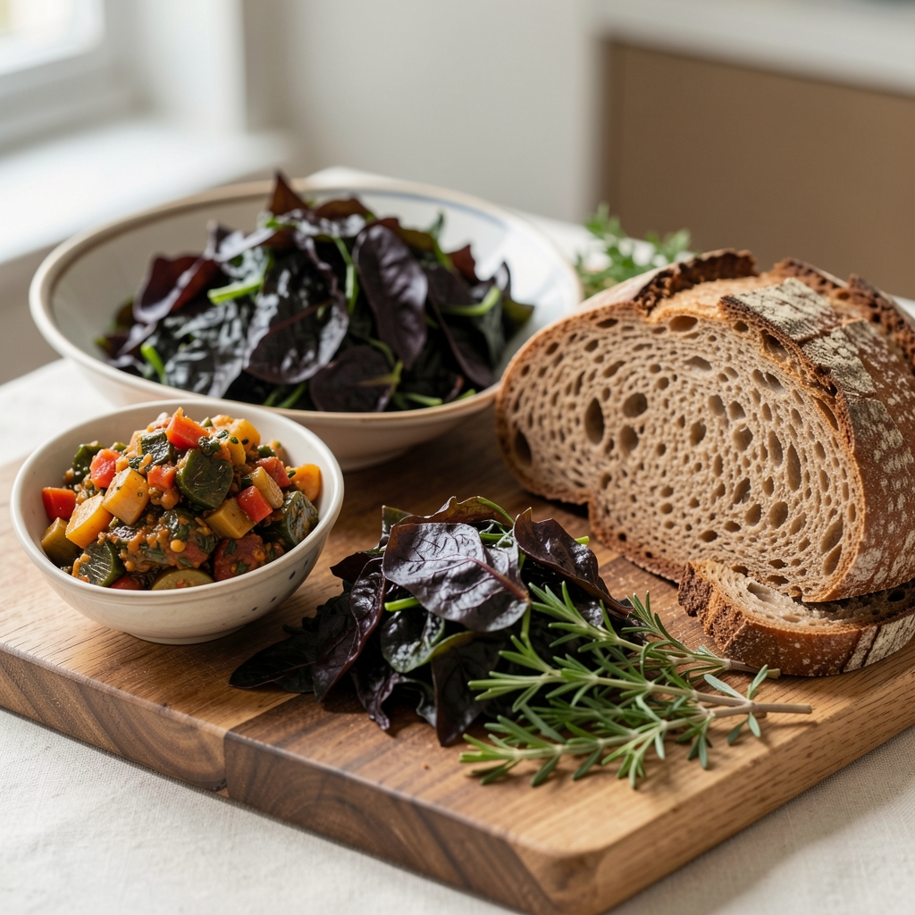 Seasonal cooking spread with fermented vegetables, dark leafy greens, whole grain bread, and fresh herbs on a wooden chopping board